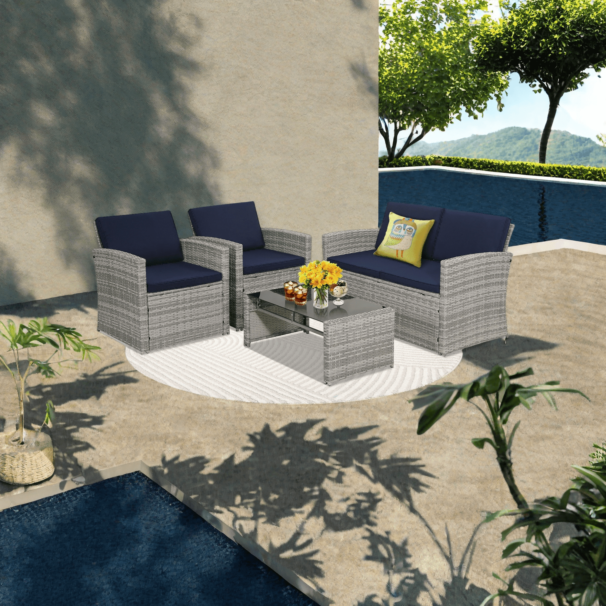 TUAREX Outdoor 4 Piece Wicker Patio Furniture Set, Waterproof Rattan Sectional Sofa with Thick Cushions, Perfect for Patio, Garden, Porch & Backyard, Grey Rattan and Blue Cushion