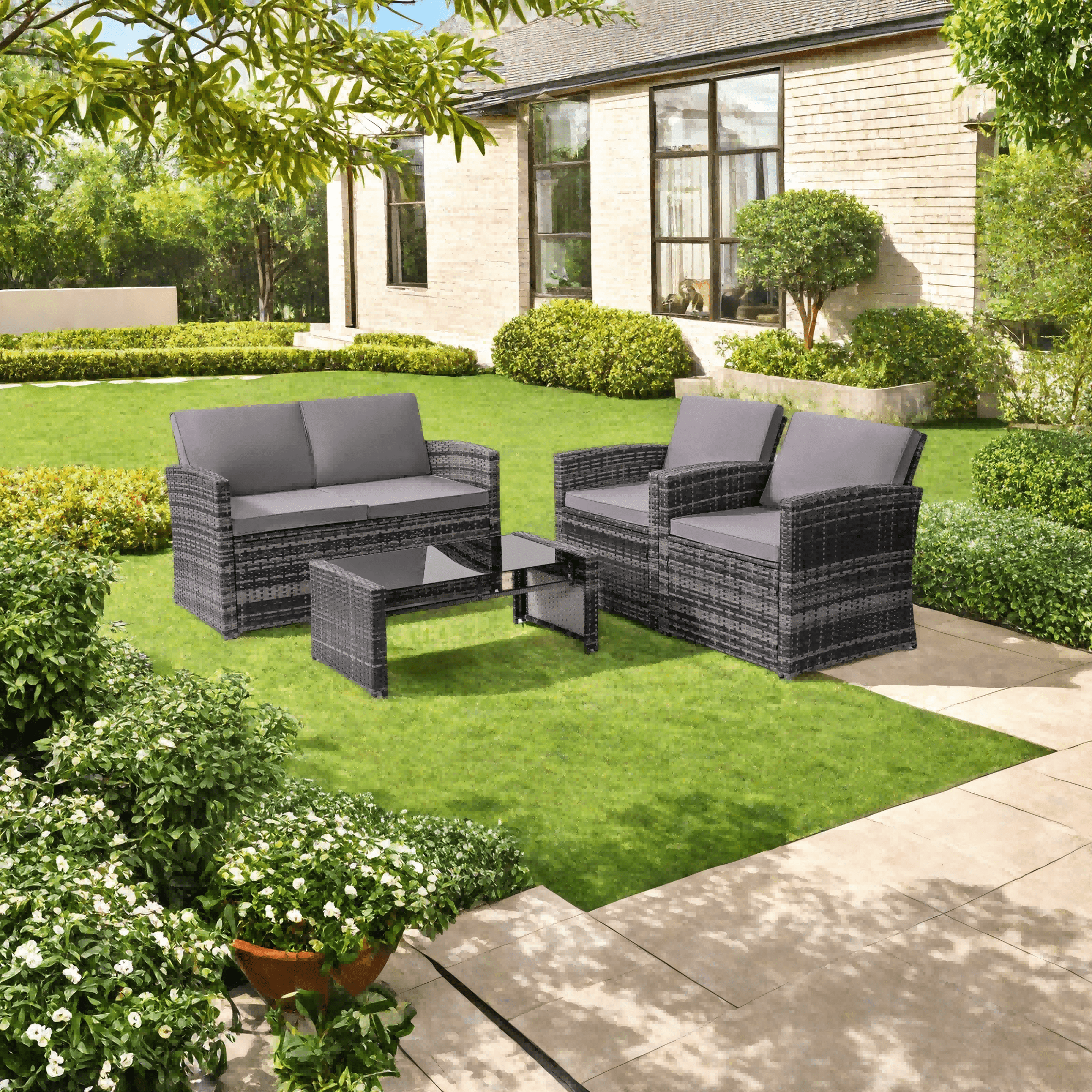 TUAREX Outdoor 4 Piece Wicker Patio Furniture Set, Waterproof Rattan Sectional Sofa with Thick Cushions, Perfect for Patio, Garden, Porch & Backyard, Grey Rattan and Light Grey Cushion
