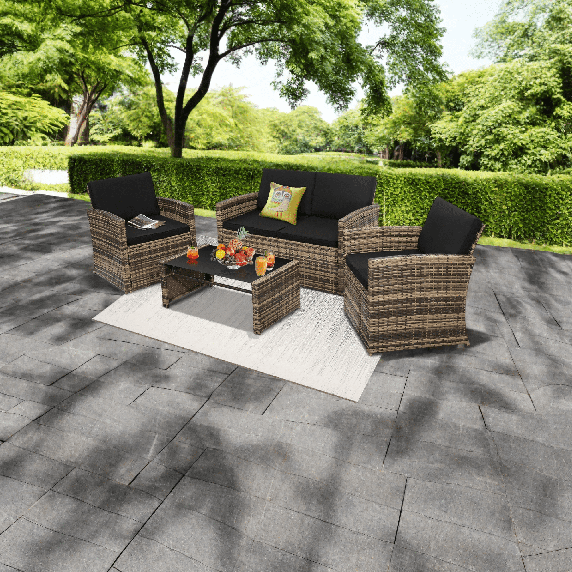 TUAREX Outdoor 4 Piece Wicker Patio Furniture Set, Waterproof Rattan Sectional Sofa with Thick Cushions, Perfect for Patio, Garden, Porch & Backyard, Natural Rattan and Black Cushion
