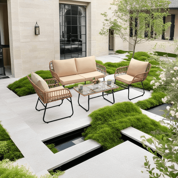 TUAREX Outdoor Patio Bistro Set 4 Piece, Wicker Loveseat, 2 Chairs & Table, Rattan Patio Furniture with All Weather Cushions for Garden or Deck, Natural Rattan Beige Cushion