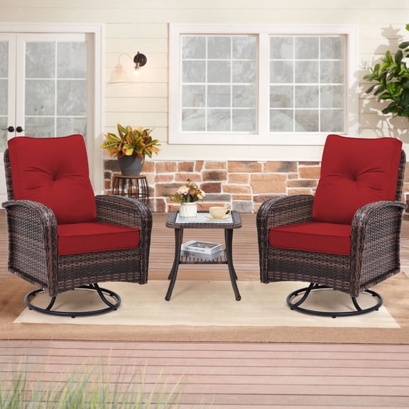 TUAREX Outdoor Patio Swivel Wicker Glider Chair Set, 2 Swivel Rocking Lounge Rattan Chairs with Side Table, Overstuffed Washable Cushions for Porch, Balcony, Garden, Brown Rattan Red Cushions