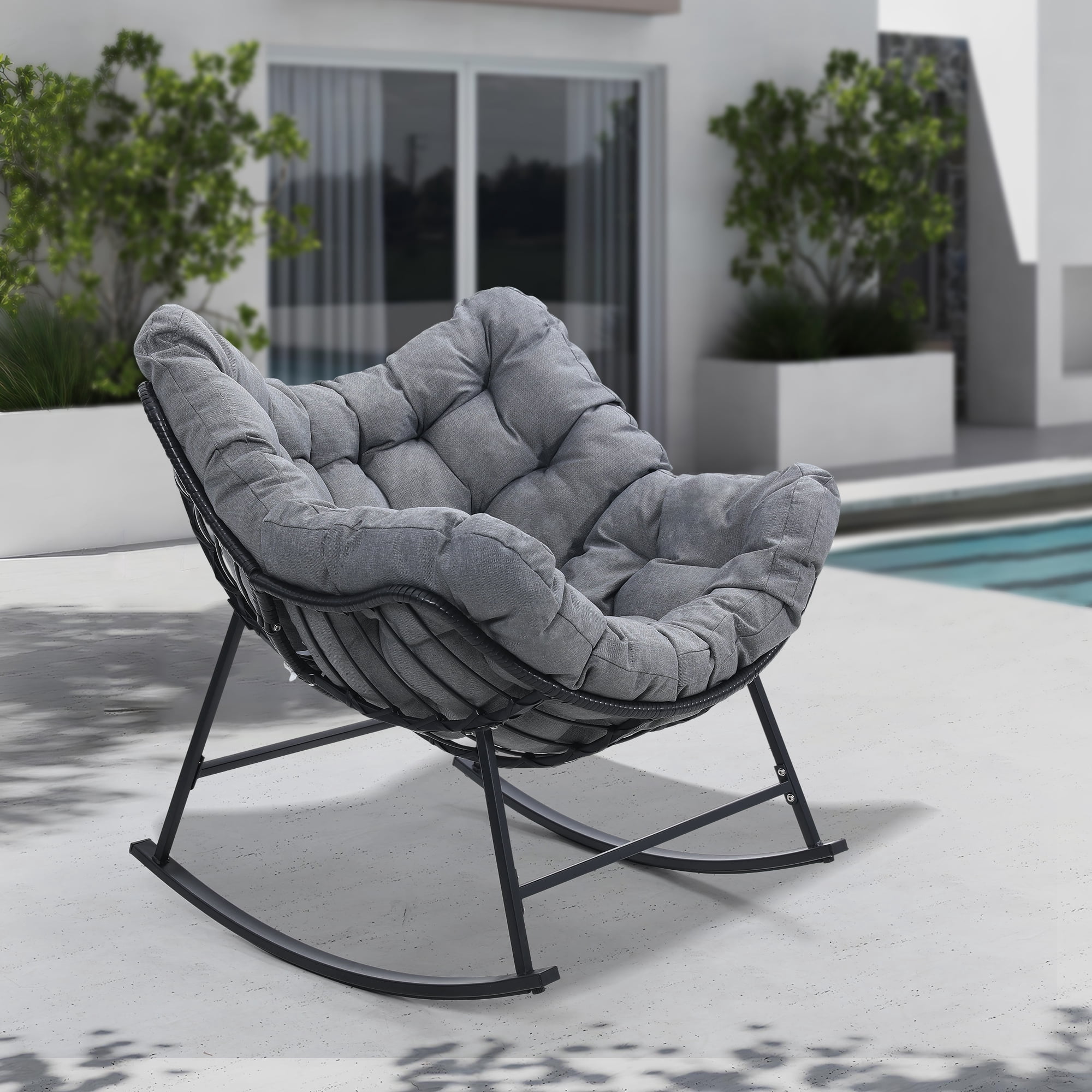 Padded Rattan Chair TUAREX Outdoor Rattan Rocking Chair, Oversized Papasan Chair with ...