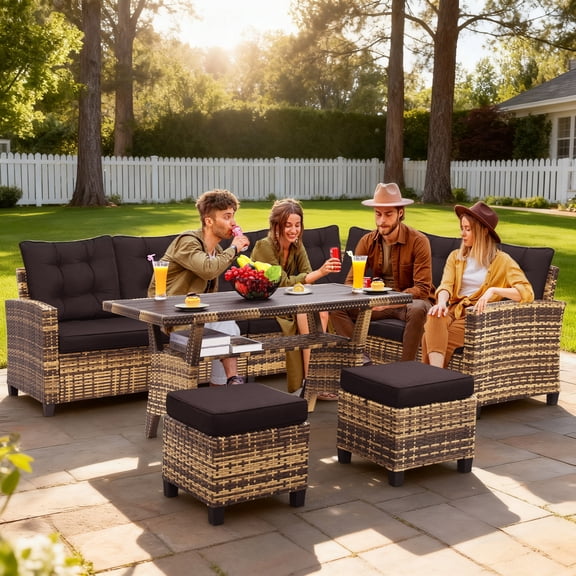 TUAREX Outdoor Rattan Sectional Sofa Set 6 Pieces, Patio Furniture Conversation Set, Weather-Resistant Wicker, with Table and Cushions, for Backyard, Porch, Natural Wicker and Black Cushions