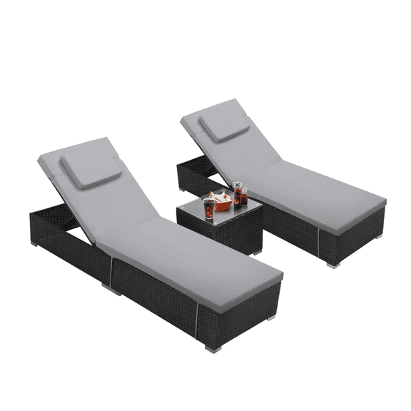 TUAREX Patio Lounge Chair Set of 3, 2 Wicker Chaise Loungers & Side Table, Outdoor Lounger Recliner, All Weather Rattan with Washable Cushions, 5-Level Angles Adjust Backrest, Light Grey