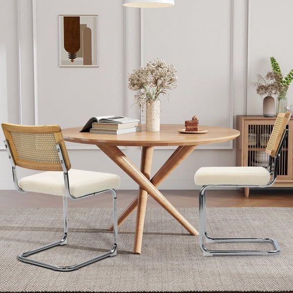 TUAREX Rattan Dining Chairs Set of 2, Mid Century Modern Kitchen Side Chairs with Cane Back, Upholstered Seat, Chrome Base, Armless Mesh Back Cane Chairs for Dining Living Room, White