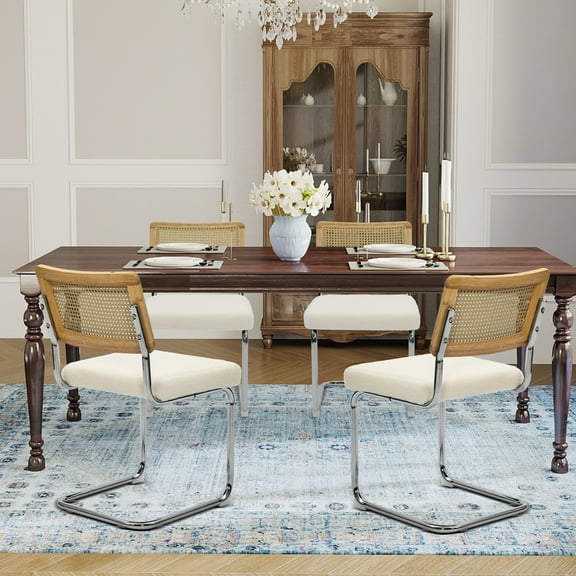 TUAREX Rattan Dining Chairs Set of 4, Mid Century Modern Kitchen Side Chairs with Cane Back, Upholstered Seat, Chrome Base, Armless Mesh Back Cane Chairs for Dining Living Room, White