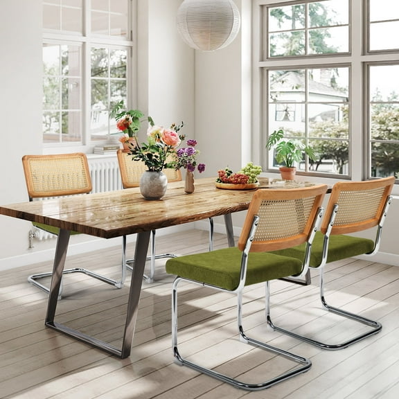 TUAREX Rattan Dining Chairs Set of 4, Mid Century Modern Kitchen Side Chairs with Cane Back, Upholstered Seat, Chrome Base, Armless Mesh Back Cane Chairs for Dining Living Room, Green