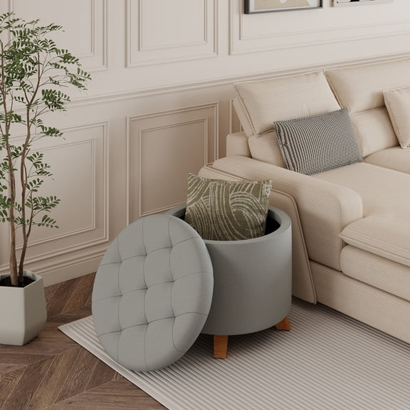 Melocadol 26.3" Extra Wide Round Storage Ottoman, Velvet Upholstered Foot Stool with Removable Lid for Living Room Makeup Room Bedroom, Gray