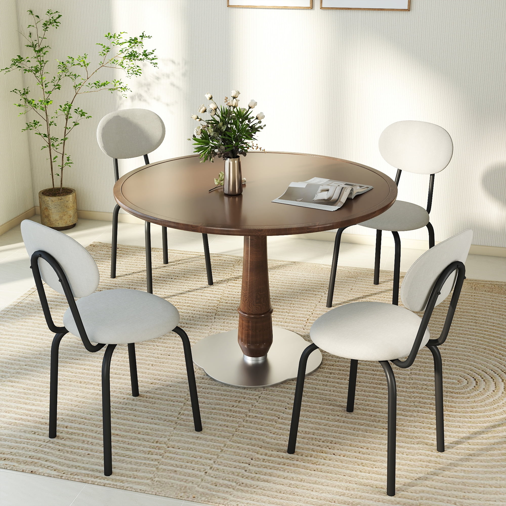 TUAREX Set of 4 Stackable Dining Chairs, Small Modern Stacking Kitchen Chair with Metal Legs for Living Room, Soft Cushion Seat, Space Saving Fabric Kitchen Side Chairs, Beige