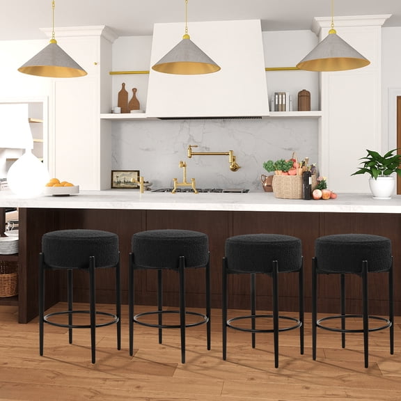 TUAREX Set of 4 Backless Round Bar Stools, 24" Short Height Barstools with Foot Rest, Linen Boucle Fabric Thick Sponge Seat for Kitchen Island Pub