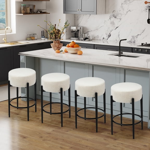 TUAREX Set of 4 Backless Round Bar Stools, 24" Short Height Barstools with Foot Rest, Linen Boucle Fabric Thick Sponge Seat for Kitchen Island Pub