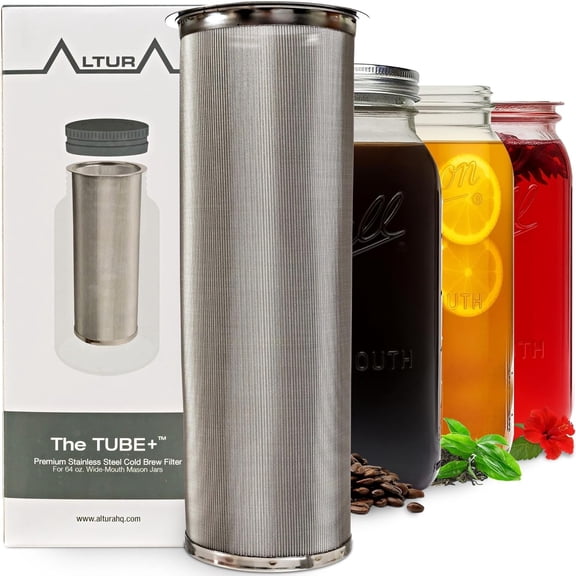 The TUBE+ Cold Brew Coffee Maker and Tea Infuser for Wide Mouth Mason Jars - Stainless Steel Cold Brew Filter Strainer for Iced Coffee Fruit Water & More - (64oz/2qt)