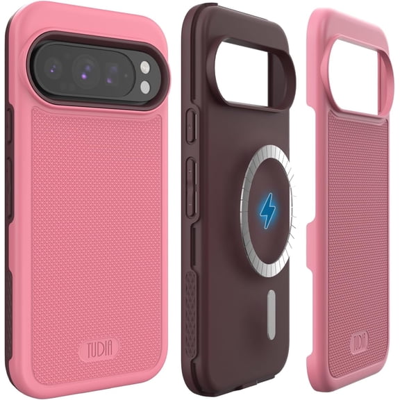 TUDIA MergeGrip Case for Google Pixel 9 / Pixel 9 Pro (2024) – Dual Layer Drop Protection, Shockproof Rugged Cover, Non-Slip Grip, Wireless Charging Compatible – Smokey Pink