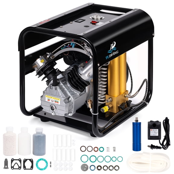 TUDIVING 4500 PSI PCP Air Compressor, Dual-Cylinder Auto Stop, Built-In Water & Fan Cooling