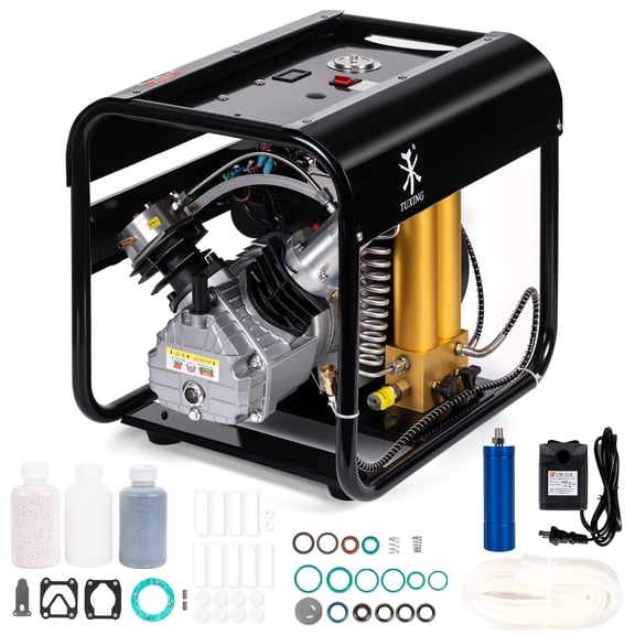 TUDIVING 4500 PSI PCP Air Compressor, Dual-Cylinder Auto Stop, Built-In Water & Fan Cooling