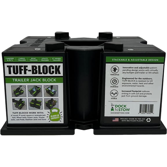 TUFF-Block Trailer Jack Blocks for RV Camper, 5th Wheel, Boat | Works w/Any Tongue Jack, Post, Scissor Stabilizer or Foot (Round or Square) | Stand Supports 10,000 lbs | Black Stops