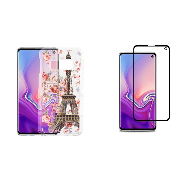 TUFF Military Grade Transparent Case (Paris Bloom) Compatible with Samsung Galaxy S10e with Tempered Glass Screen Protector and Atom Cloth for Samsung Galaxy S10e