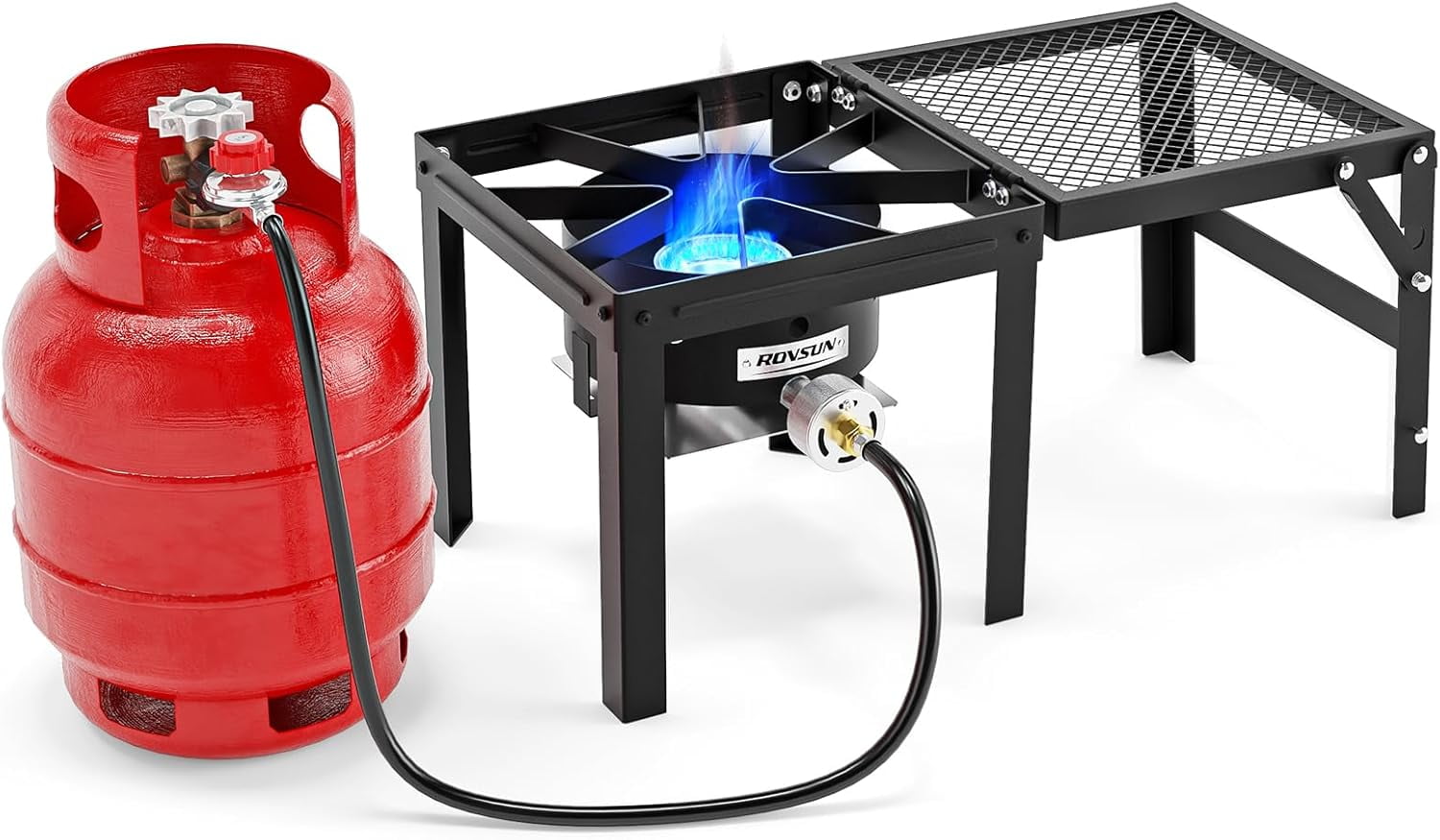 TUFFIOM 100,000 BTU Propane Stove with Foldable Side Shelf, Single Burner Gas Stove for Outdoor Cooking with Regulator, Perfect for Camping, Tailgating, Turkey Frying, Seafood Boiling & Home Brewing
