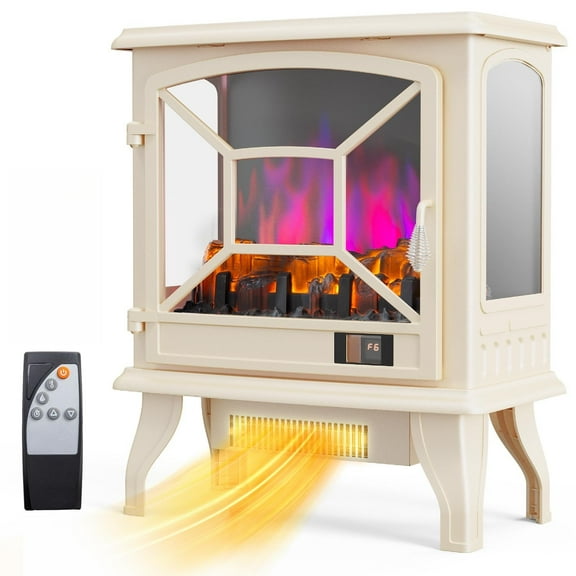 TUFFIOM 1400W Electric Fireplace Stove Space Heater, Portable Freestanding with Remote & Temp Control, Realistic Flame Logs, Overheat & Tip-Over Protections for Bedroom, CSA Listed