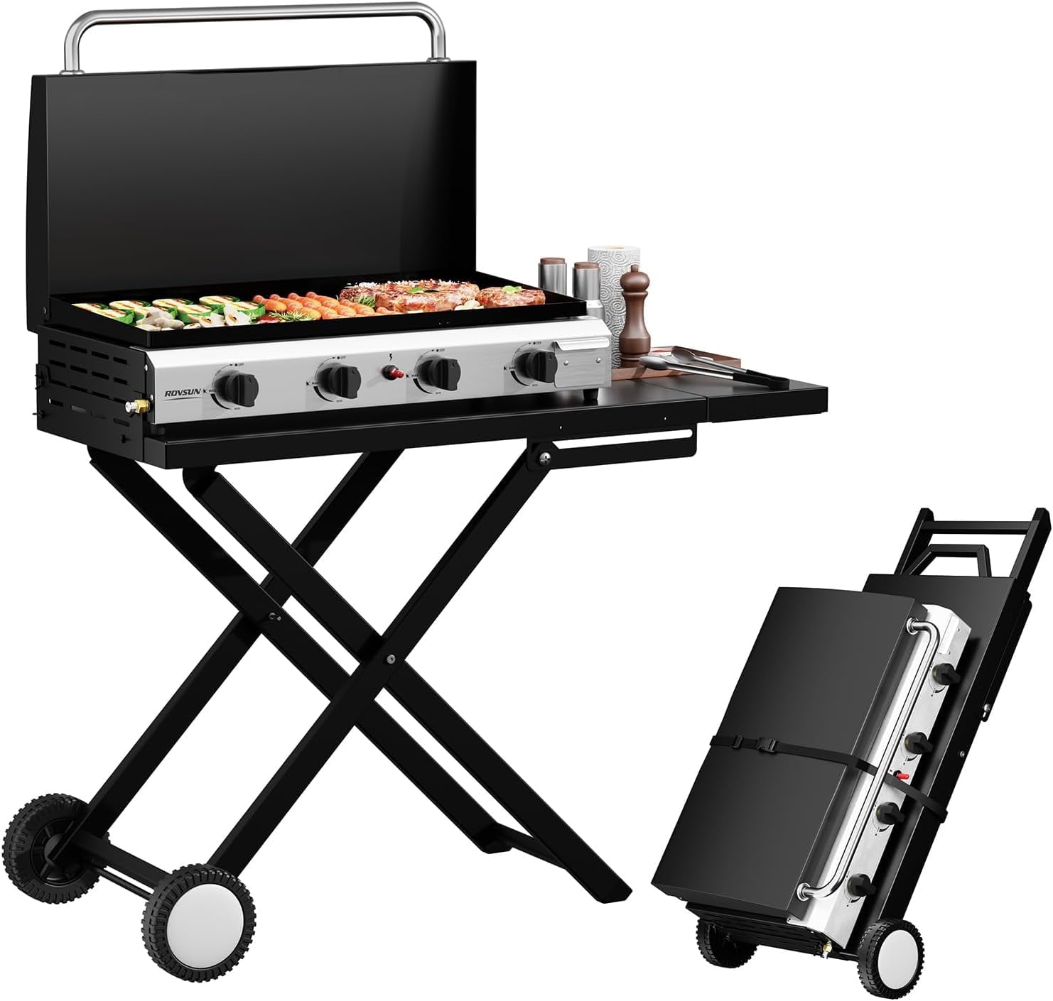 TUFFIOM 4 Burner Foldable Propane Griddle with Wheels, Enameled Tray & Lid, Portable Rolling Flat Top Gas Grill with Electronic Ignition & Regulator for Outdoor Cooking Camping BBQ Tailgating