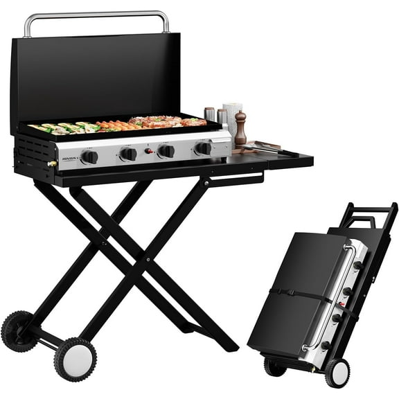 TUFFIOM 4 Burner Foldable Propane Griddle with Wheels, Enameled Tray & Lid, Portable Rolling Flat Top Gas Grill with Electronic Ignition & Regulator for Outdoor Cooking Camping BBQ Tailgating
