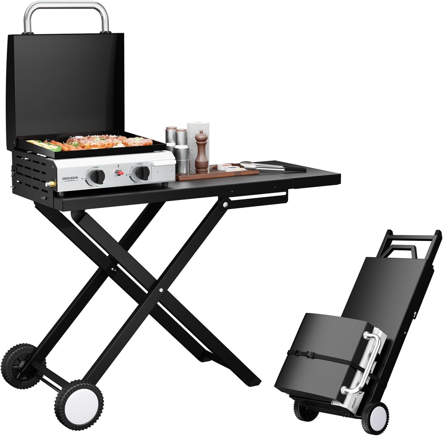 TUFFIOM 2 Burner Foldable Propane Griddle with Wheels, Enameled Tray & Lid, Portable Rolling Flat Top Gas Grill with Electronic Ignition & Regulator for Outdoor Cooking Camping BBQ Tailgating