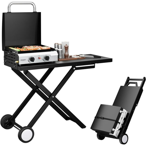 TUFFIOM 2 Burner Foldable Propane Griddle with Wheels, Enameled Tray & Lid, Portable Rolling Flat Top Gas Grill with Electronic Ignition & Regulator for Outdoor Cooking Camping BBQ Tailgating