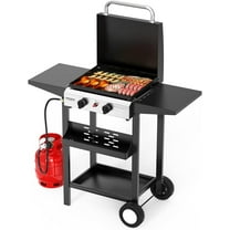 TUFFIOM 2 Burner Portable Propane Griddle with Enameled Tray & Lid, 20000 BTU Rolling Flat Top Gas Grill with Electronic Ignition & Regulator for Outdoor Cooking Camping BBQ Tailgating