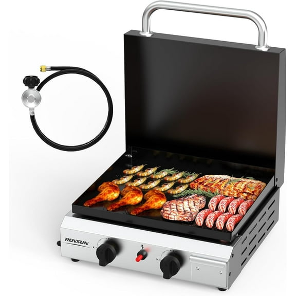 TUFFIOM 2 Burner Portable Propane Griddle with Enameled Tray & Lid, 20000 BTU Rolling Flat Top Gas Grill with Electronic Ignition & Regulator for Outdoor Cooking Camping BBQ Tailgating