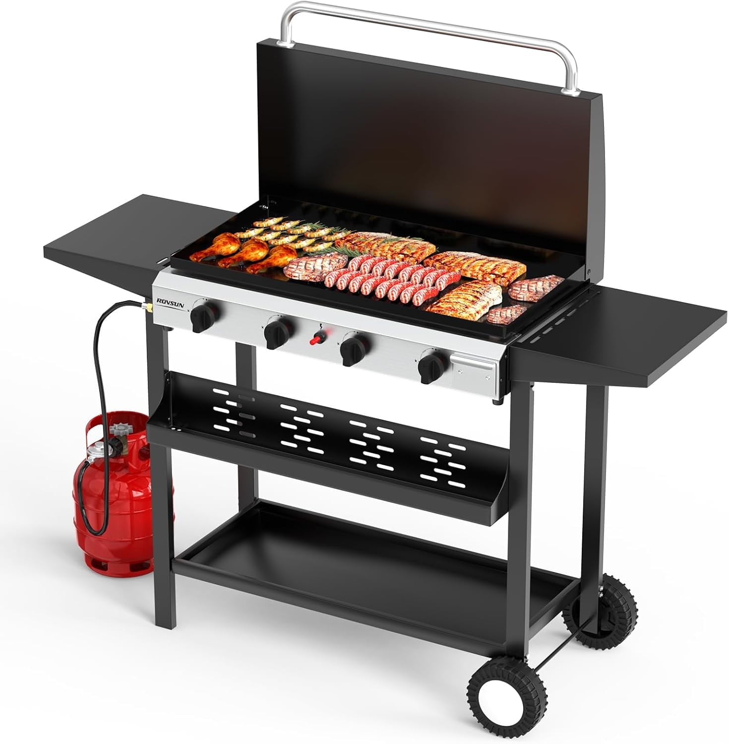 TUFFIOM 4 Burner Portable Propane Griddle with Enameled Tray & Lid, 40000 BTU Rolling Flat Top Gas Grill with Electronic Ignition & Regulator for Outdoor Cooking Camping BBQ Tailgating