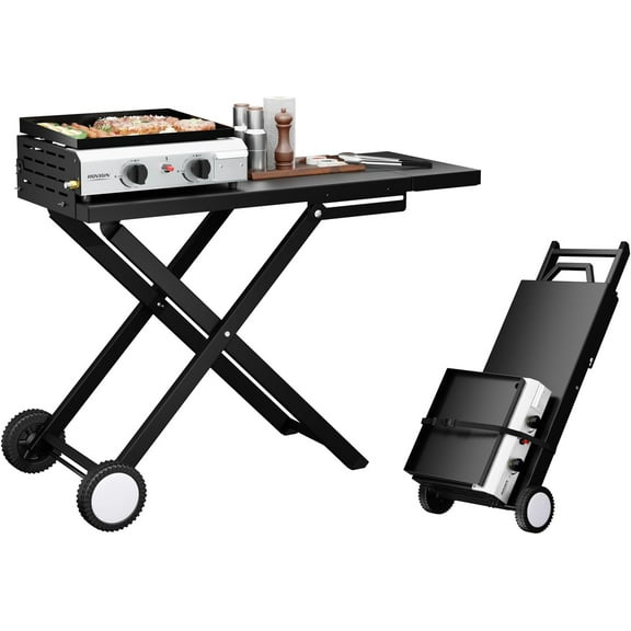 TUFFIOM 2 Burner Foldable Propane Griddle with Wheels & Enameled Tray, 20000 BTU Portable Flat Top Gas Grill with Electronic Ignition & Regulator for Outdoor Cooking Camping BBQ Tailgating Picnicking