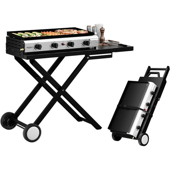 TUFFIOM 2 Burner Foldable Propane Griddle with Wheels & Enameled Tray, 20000 BTU Portable Flat Top Gas Grill with Electronic Ignition & Regulator for Outdoor Cooking Camping BBQ Tailgating Picnicking