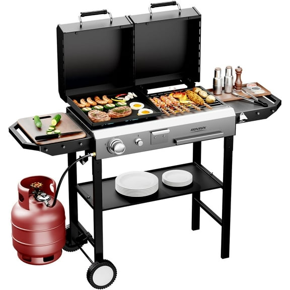 TUFFIOM 2-in-1 Propane Gas Grill and Charcoal Grill Combo with Lid, 12000BTU Flat Top Griddle & Charcoal BBQ Grill with Electronic Ignition, Enamel Griddle & Grate for Outdoor Backyard Cooking