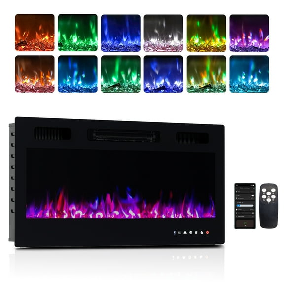TUFFIOM  2-in-1 Ultra-Thin Wall Mounted & Recessed Fireplace, 1500W Electric Fireplace with Remote & APP Control,  Wall Heater w/ 12 Flame Color, 5 Brightness, Timer, Log Set & Crystal, Black