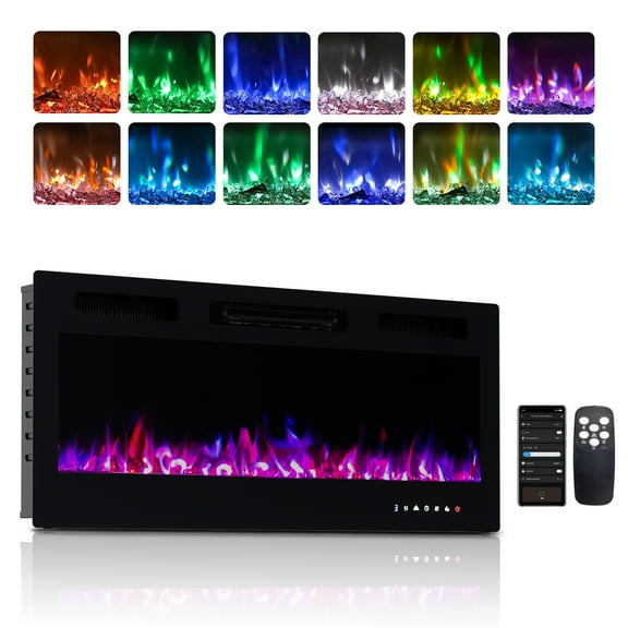 TUFFIOM 2-in-1 Ultra-Thin Wall Mounted & Recessed Fireplace, 1500W Electric Fireplace with Remote & APP Control, Wall Heater w/ 12 Flame Color, 5 Brightness, Timer, Log Set & Crystal, Black
