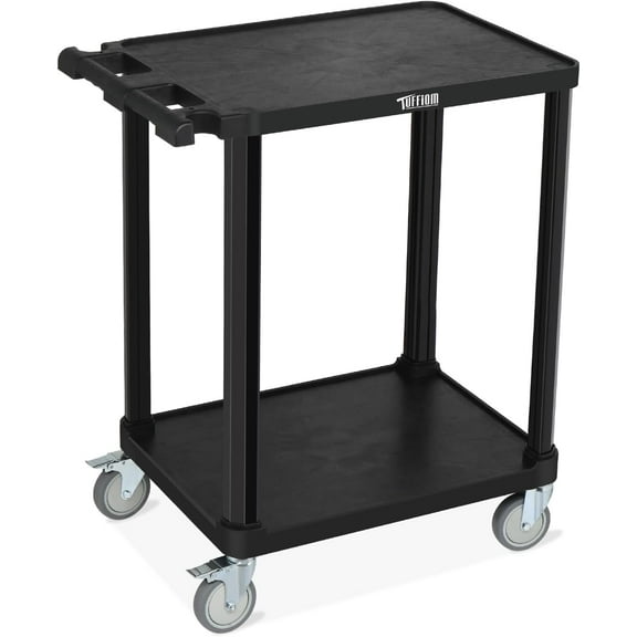 TUFFIOM 3-Tier Plastic Service Utility Cart, Rolling Flat Cart with Wheels, Large Capacity, Multi-function Handle Storage and Mute Flexible Wheels with Braker, Great for Office Warehouse Garage, Black