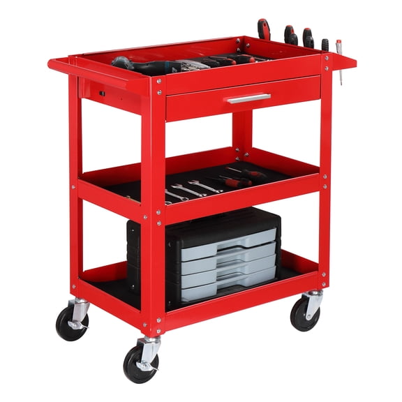 TUFFIOM 3 Tier Rolling Tool Utility Cart with Drawer, 330 LBS Capacity Industrial Steel Service Cart Tool Organizer for Mechanics, Garage, Warehouse & Repair Shop