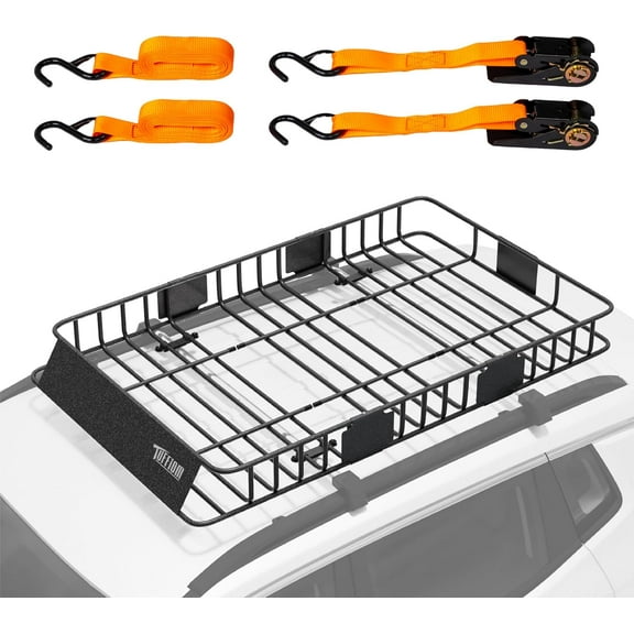 TUFFIOM 64"x 39"x 6" Universal Rooftop Cargo Carrier Basket, Extendable Steel Roof Rack Basket w/Straps with Hook, Heavy Duty Car Top Rack Luggage Holder Carrier Basket for SUV Car Truck Van