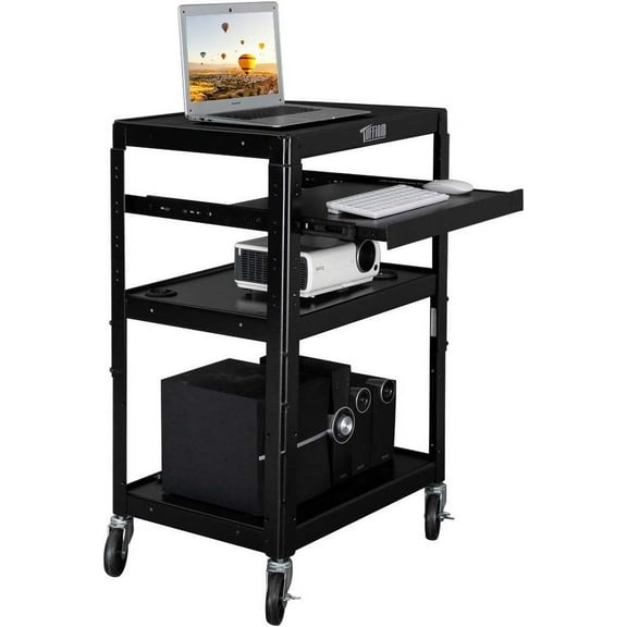 TUFFIOM AV Presentation Cart for Video Projector Laptop Computer, Mobile Workstation Utility Media Cart for School Classroom Office, Rolling Storage Stand with Keyboard Shelf