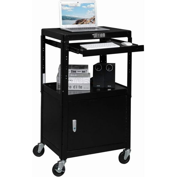 TUFFIOM AV Presentation Cart for Video Projector, Laptop Computer, Mobile Workstation Utility Media Cart for School Classroom Office, Rolling Storage Stand with Locking Cabinet Keyboard Shelf