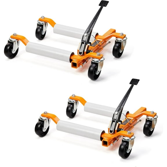 TUFFIOM Car Wheel Dolly Jack Set of 2, Mechanical 1500-lbs Car Skates, 12'' Wheel Vehicle Positioning Jack, Heavy Duty Rollers with Ratcheting Foot Pedal for Tire Auto Repair Moving, Orange
