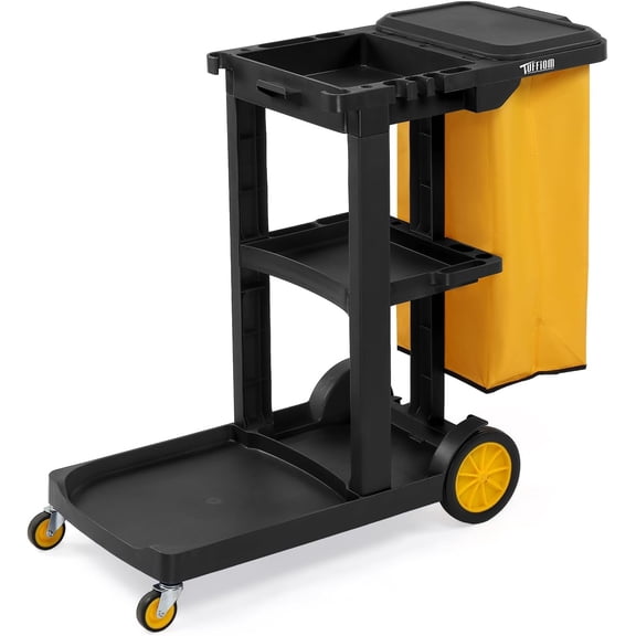 TUFFIOM Commercial Traditional Cleaning 3-Shelf Janitorial Cart, 500 Lbs Capacity Housekeeping Cart, Wheeled with Yellow VinylBag and Cover w Lid, Black,