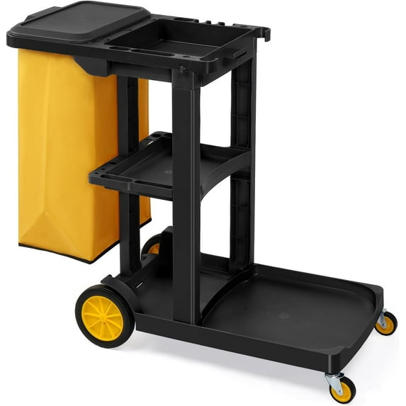TUFFIOM Commercial Traditional Cleaning 3-Shelf Janitorial Cart, 500 Lbs Capacity Housekeeping Cart, Wheeled with Yellow VinylBag and Cover w Lid, Black