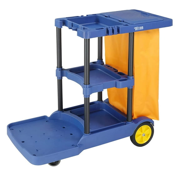 TUFFIOM Commercial Traditional Cleaning Janitorial 3-Shelf Cart, 500 Lbs Capacity Housekeeping Cart, 42.5"L x 18.7"W x 37.6"H , Wheeled with 22 Gallon Zippered Yellow Vinyl Bag and Cover w lid , Blue
