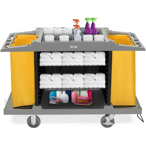 TUFFIOM Industrial Multifunctional Hotel Cart,Commercial Traditional Cleaning Janitorial Room Service Housekeeping Cart, 39" H x 58" W x 21" D,Grey