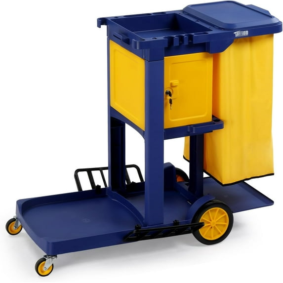 TUFFIOM Janitorial Cart with Key-Locking Cabinet, 3-Shelf Commercial Cleaning Cart, Housekeeping Caddy with Locker,Wheeled with Yellow Vinyl Bag, Black, Great for Hotel, Stores, Schools, and Business