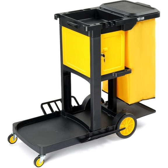 TUFFIOM Janitorial Cart with Key-Locking Cabinet, 3-Shelf Commercial Cleaning Cart, Housekeeping Caddy with Locker,Wheeled with Yellow Vinyl Bag, Black, Great for Hotel, Stores, Schools, and Business