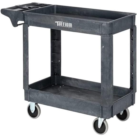 TUFFIOM Plastic Service Utility Cart with Wheels,550lbs Capacity,Heavy Duty Tub Storage Cart W/Deep Shelves, Multipurpose Rolling 2-Tier Mobile Storage Organizer, for Warehouse Garage  Cart