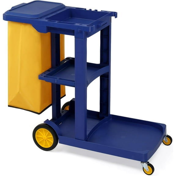 TUFFIOM Traditional Cleaning 3-Shelf Janitorial Cart, 500 Lbs Capacity Housekeeping Cart, Wheeled with Yellow VinylBag and Cover w Lid, Blue