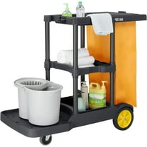 TUFFIOM  Traditional Cleaning Janitorial 3-Shelf Cart, 500 Lbs Capacity Housekeeping Cart, 42.5" L x 18.7" W x 37.6" H, Wheeled with 22 Gallon Yellow VinylBag and Cover w Lid, Black